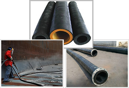 Three sandblast hoses, three sandblast hoses are on the ground and a man is spraying sand to ship bottom with abrasion resistance sandblast hoses.